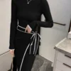 ⁦المرأة محبوك فستان جديد الخريف الشتاء ضئيلة الدانتيل متابعة طويلة الأكمام قاع سترة تنورة أنيقة موضة مكتب الإناث Vestidos⁩ - الصورة ⁦6⁩